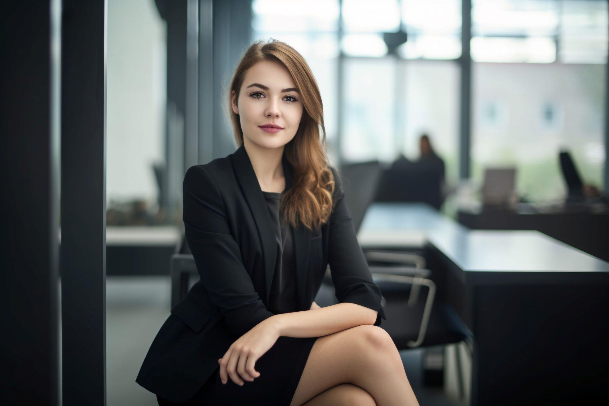 Selbstbewusste Frau in elegantem schwarzen Blazer sitzt aufrecht in einem modernen Büro