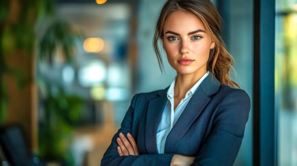 Selbstbewusste Frau in stilvollem Business-Outfit mit verschränkten Armen