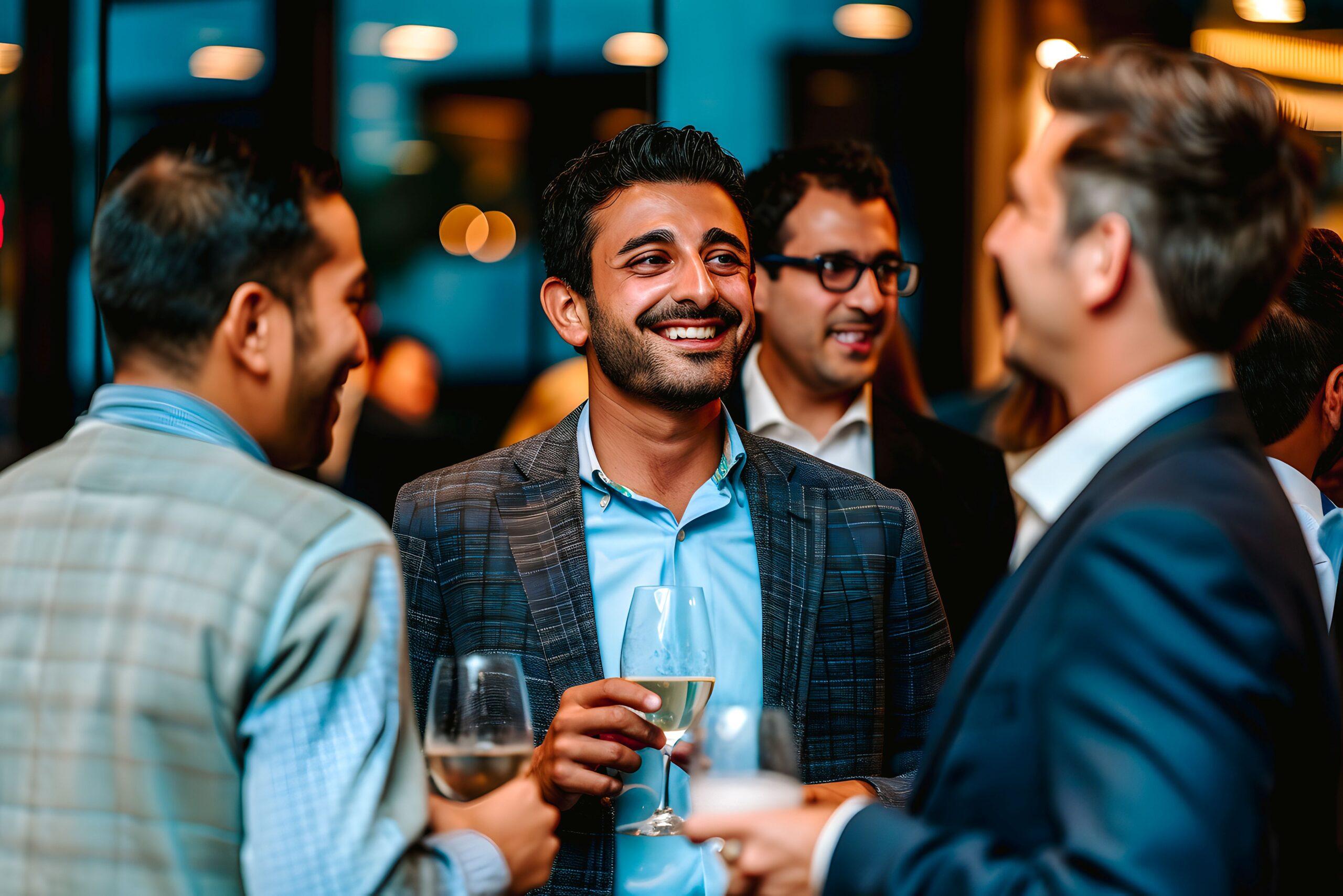 Gruppe stilvoll gekleideter Männer bei einem eleganten Event, in ein lockeres Gespräch