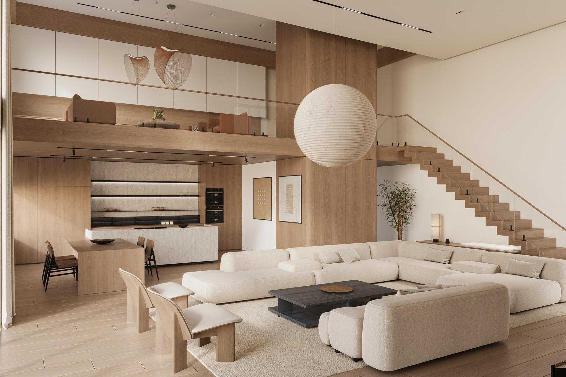 Offener Wohnraum mit Holztreppe und Galerie | Treppen planen


