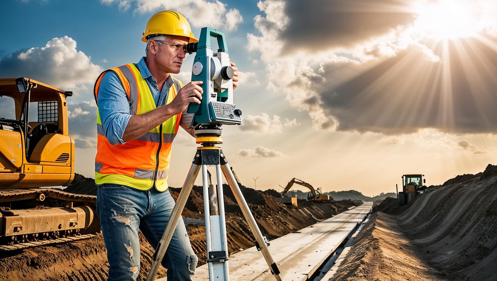 Vermesser auf Großbaustelle mit GPS-Messgerät | Autokran mieten

