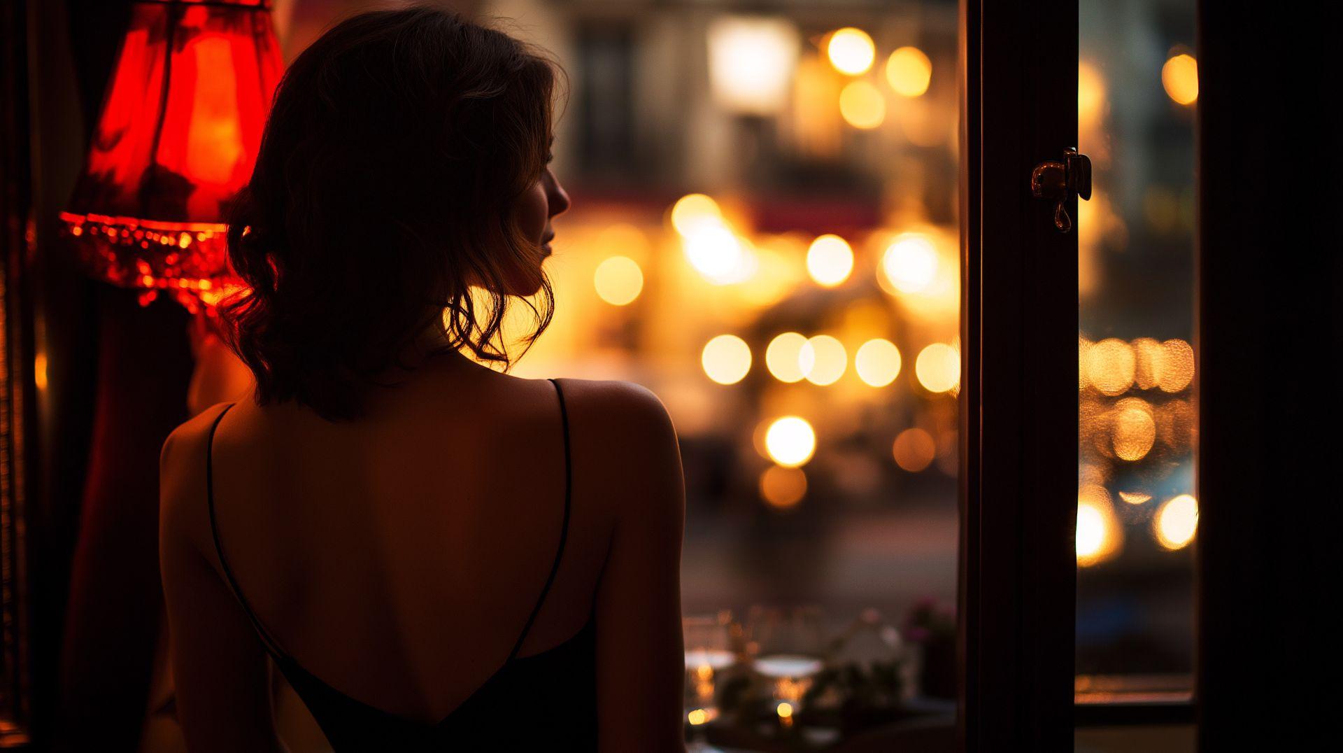 frau blickt aus fenster in winterliches wien bei abendlicht